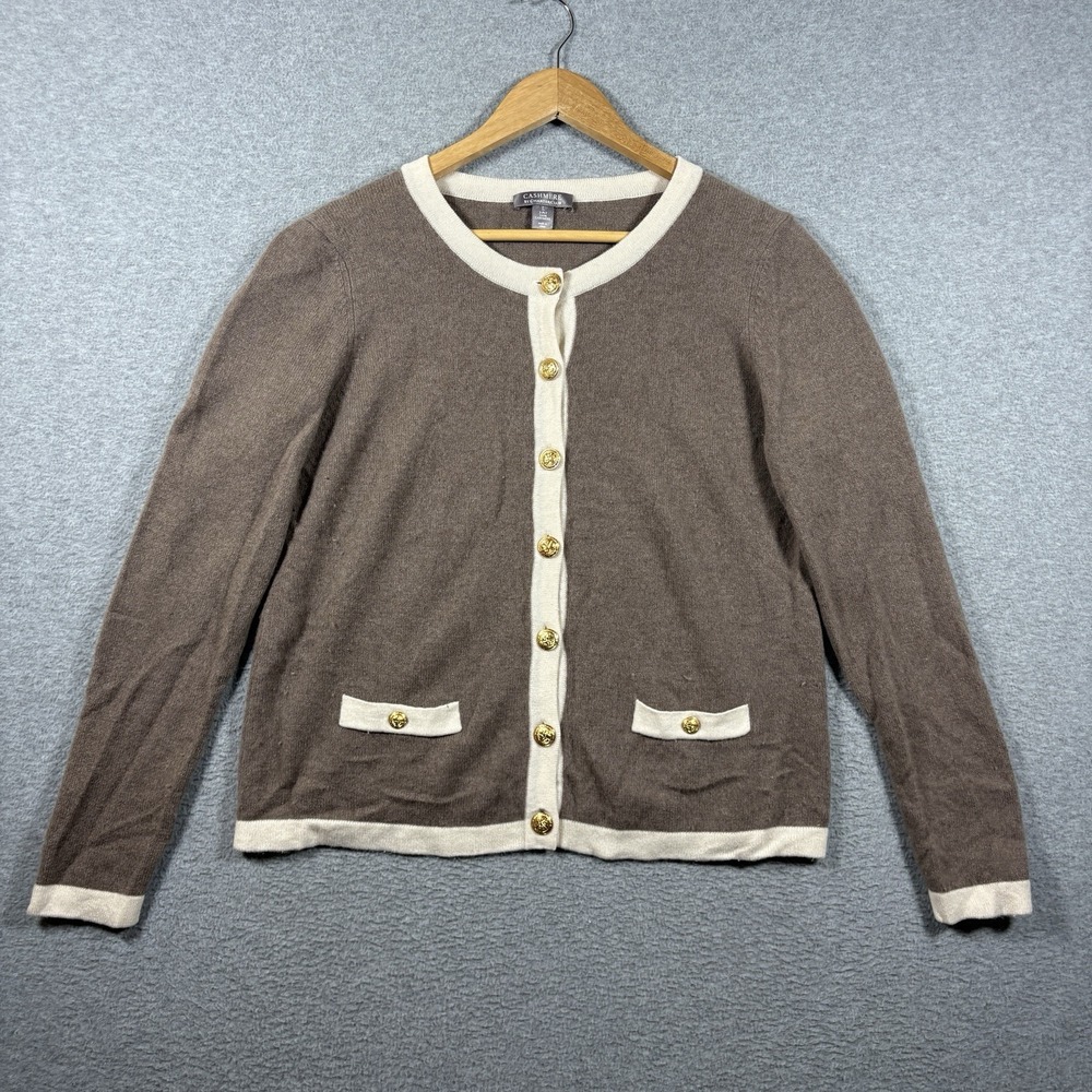 Charter Club Cashmere Cardigan Womens L Brown Cream Contrast Trim Gold Button